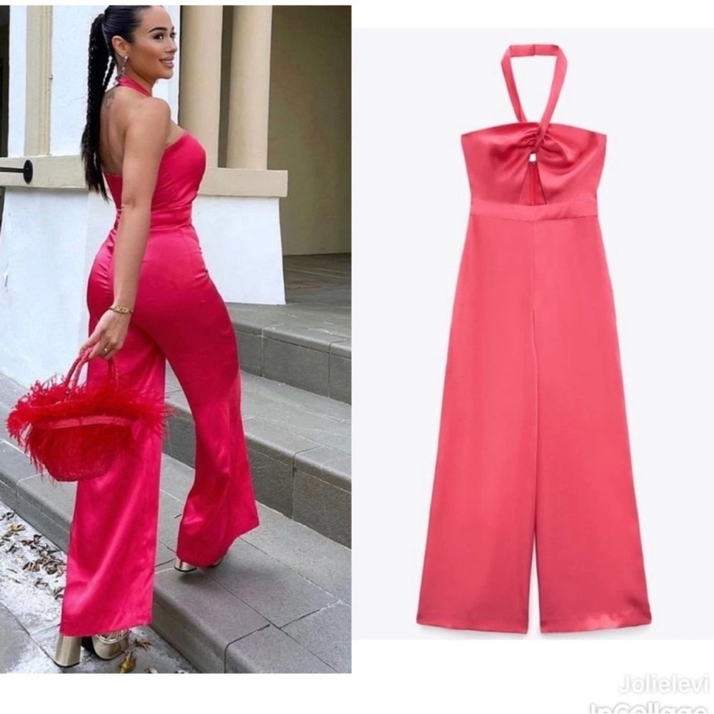 Zara Satin Halter Wide-Leg Jumpsuit in Hot Pink